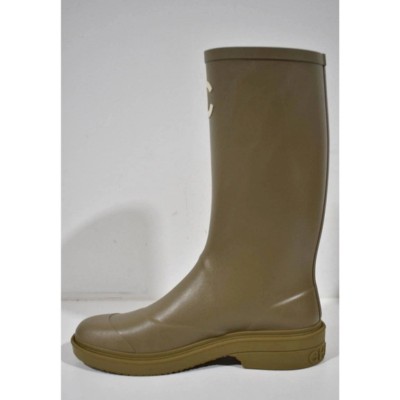 Chanel REV Dark Beige Caoutchouc White CC Logo High Pull On Rubber Rain Boots 36 - Picture 8 of 12